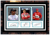 (535) LEWIS HAMILTON AYRTON SENNA MICHAEL SCHUMACHER F1 SIGNED A4 FRAMED PHOTOGRAPH (REPRINT) GREAT GIFT
